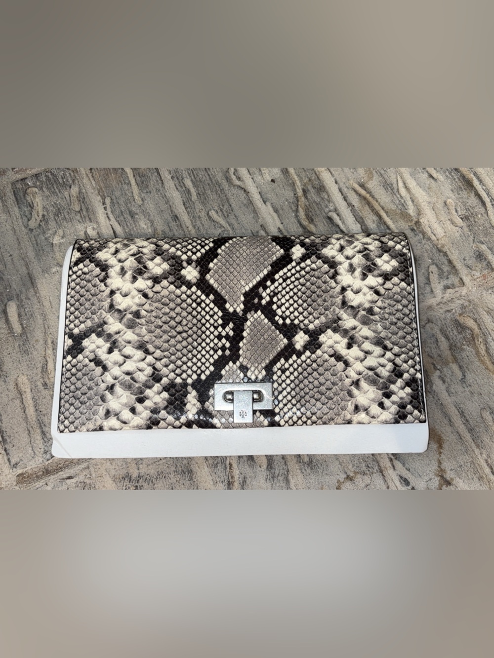 Tory Burch White and Black Snake-Print Leather Clutch